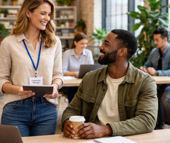 Community manager chatting with a member at a desk.